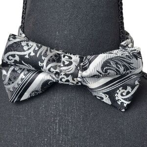 Stacy Adams Bow Tie Black Silver Paisley Pre-Tied Polyester Wedding Formal Glam